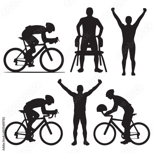 Mountain Bike Riders Silhouettes on Mountain Trails, Silhouette of Cyclists in Various Riding Positions, Silhouette Cyclist Collection Various Riding Positions