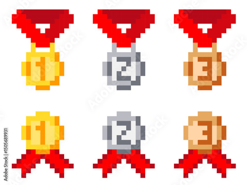 Pixel gold silver and bronze medals. Winning awards. 8bit arcade rewards on ribbons. Tournament winner achievement. Best champion. Challenge trophy. Vector pixilated victory badges set