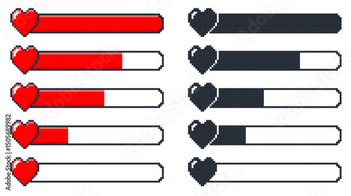 Pixel game lifebar in form of 8bit heart. Computer arcade UI. Playing indication chart. Gaming full or empty health progress bar. Pixelated infographic. Vector interface elements set