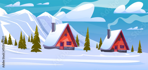 Mountain winter landscape with beautiful cozy houses and smoke from stove pipes. Cold season scenery. Snowy trees. Pine forest. Wooden homes. Village buildings. Vector panorama background