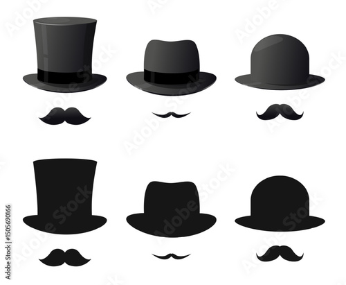 Mens hats and mustaches. Gentleman icon. Classic moustache and cylinder cap. Stylish accessory. Face disguise. Old bowler. Detective costume. Male beards. Vector black silhouettes set