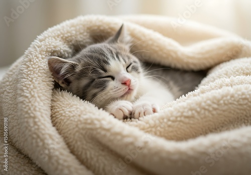 Adorable kitten sleeping comfortably swaddled in a soft warm blanket cozy and peaceful