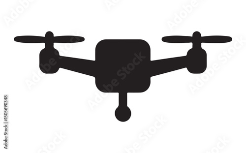Drone Silhouette with Camera – Quadrocopter Icon Vector Isolated on White

