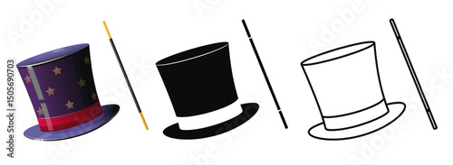 Hat and magic wand. Magician logo. Cylinder cap with wizard stick. Line and silhouette headwear. Illusionist circus performance. Conjuror tricks accessory. Vector witchcraft icons set