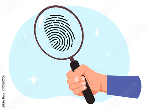 Hand holds magnifying glass and examines human fingerprint. Police investigation. Detective arm. Evidence find. Finger dactyloscopy verification. Murder identification. Vector concept