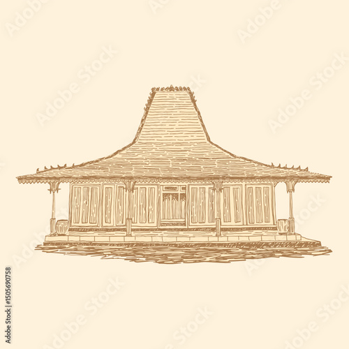 indonesian java joglo house traditional line art illustration