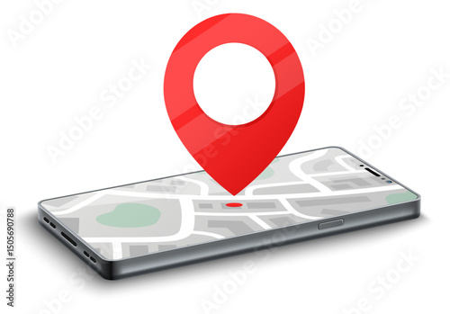 Geo tag on smartphone screen. Location icon at GPS map. Realistic phone. Application display. Geolocation service. Roadmap mark. 3D mobile navigation. Destination pin. Vector concept