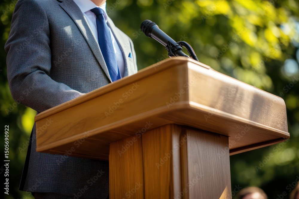 Obraz premium Young politician speaking to crowd at wooden podium