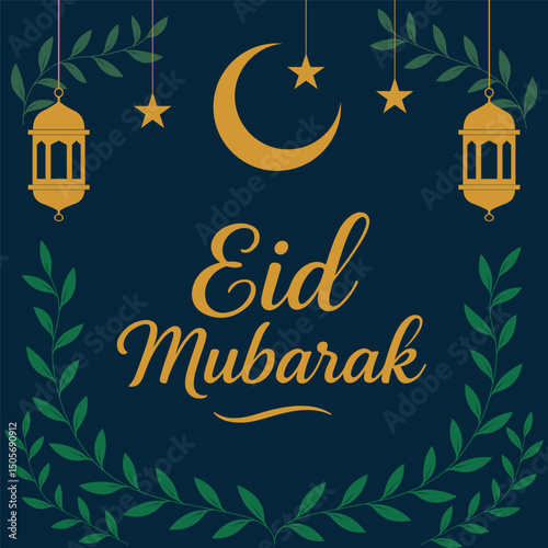  Elegant Eid Mubarak Greeting Card with Lanterns and Moon