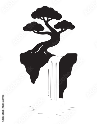 "Floating Island Silhouette with Bonsai Tree and Waterfall – Minimal Nature Vector Art"

