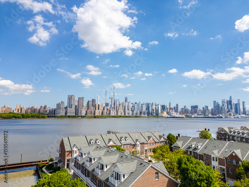 Drone View of New Jersey Waterfront Homes with Manhattan Skyline