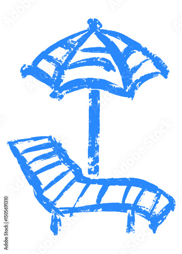 Blue charcoal drawing sketch sun lounger and umbrella,  vector design element isolated on transparent background