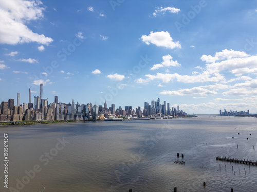 Drone View of New Jersey Waterfront Homes with Manhattan Skyline