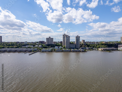 Drone View of New Jersey Waterfront Homes with Manhattan Skyline