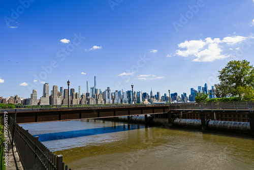 Drone View of New Jersey Waterfront Homes with Manhattan Skyline