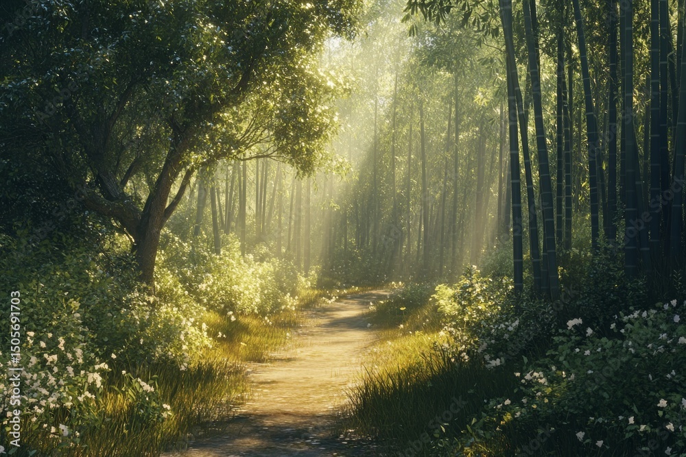 Serene bamboo forest with dappled sunlight and a tranquil feel. Serene bamboo forest with dappled sunlight and a tranquil feel.