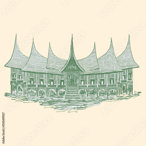 indonesian gadang house traditional line art illustration