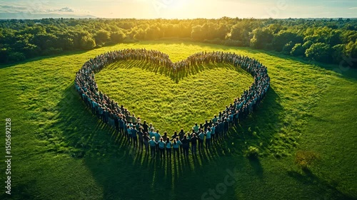 Aerial view of a large group forming a heart shape on a grassy field at sunset