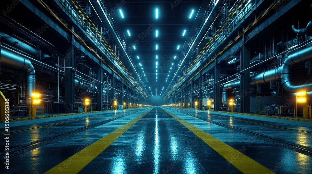 Fototapeta premium Industrial tunnel with neon lighting