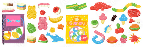 Jelly bear. Gummy candy beans. Cute sweet cartoon worms. Colorful dessert, snacks for kids. Edible sugar gelatin fruits, different flavor in packaging. Fun print for children food. Vector isolated set