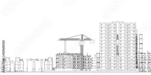 A city skyline with a large building in the middle. The building is being constructed and has a crane on top