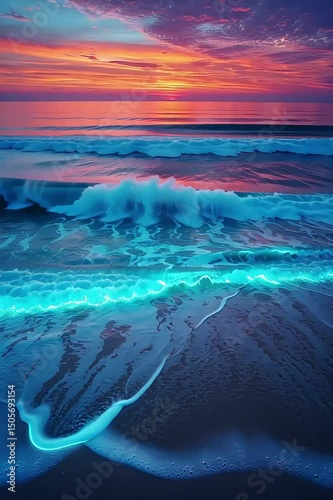 Vibrant sunset over ocean waves creates a stunning view at the beach during twilight