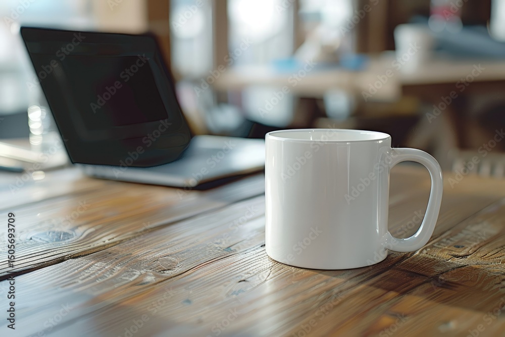 High Resolution Picture of a White Coffee Mug on a Wooden Table with a Laptop on the Table High Resolution Picture of a White Coffee Mug on a Wooden Table with a Laptop on the Table