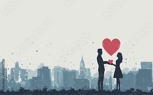Silhouette of a couple sharing love in a city skyline setting.
