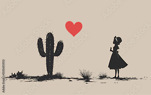 Silhouette of a girl in a dress gazing at a cactus with a heart above.