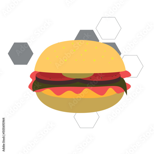 Delicious Hamburger – Gourmet Cheeseburger with Lettuce, Tomato, and Sesame Seed Bun on Hexagon Pattern Background