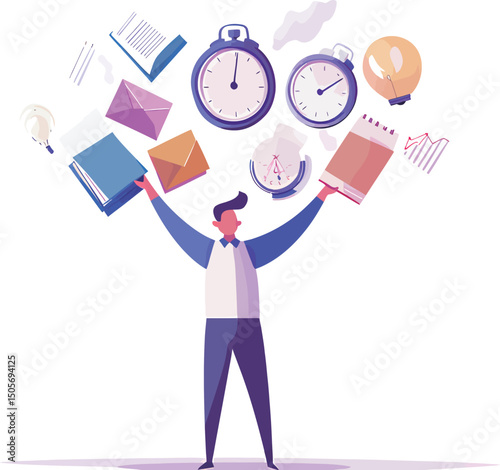 A young man juggling books and time management symbols, showcasing productivity.