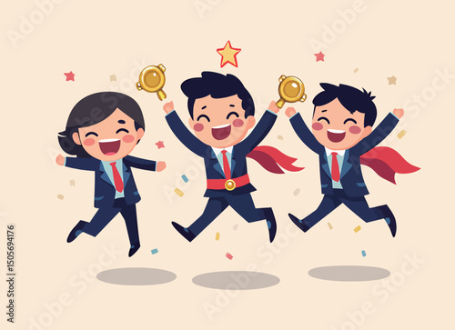 Three joyful children celebrating victory in superhero capes with trophies in hand.