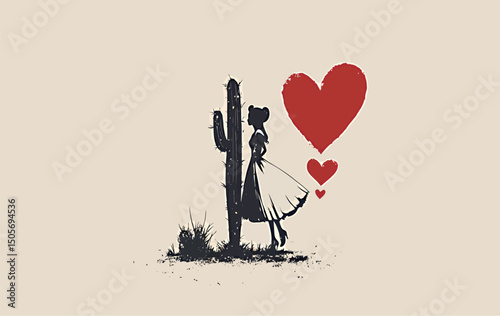 Girl in a white dress admires a cactus with hearts in a playful desert scene.