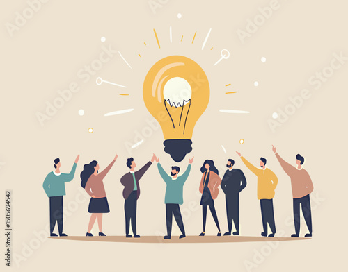Diverse group celebrating a bright idea with a lightbulb illustration.