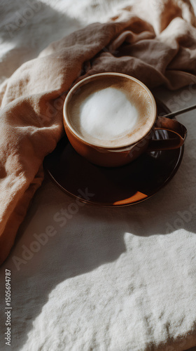 Cup of cappuccino with frothy milk foam on brown saucer, cozy morning coffee scene with soft fabric and natural light
