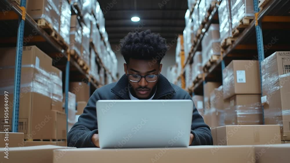 Energetic young entrepreneur working on a laptop at the heart of a warehouse, surrounded by neatly organized boxes, planning logistics for timely delivery in a growing online busin