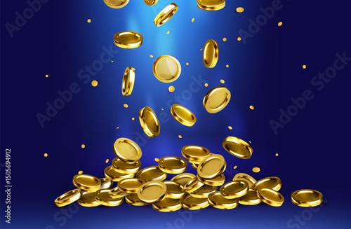 Gold coin 3D. Falling money rain. Pile of cash, flying dollars, casino token. Wealth, jackpot explosion. Golden chip, realistic currency. Finance investment banner. Vector bank exact game background