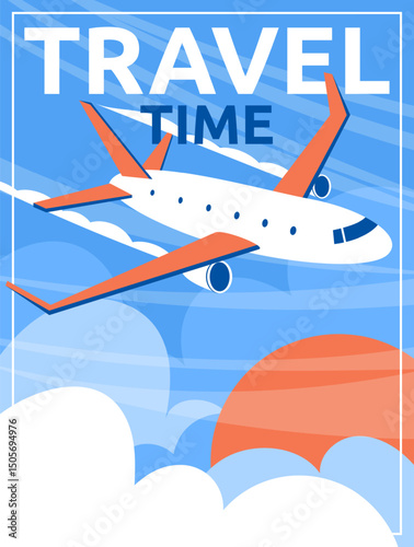Vintage travel poster. Cartoon plane in air. Retro summer airplane. Vacation design background. Concept trip cover, card business. Vertical banner or flyer. Vector garish minimal style illustration