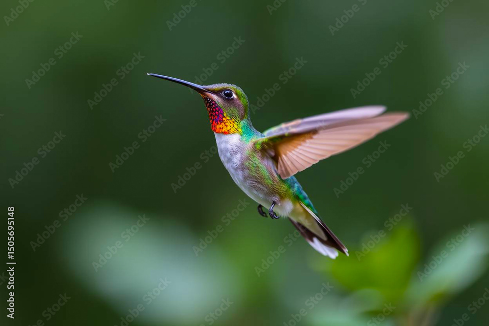 Fototapeta premium Stunning Hummingbird in Mid-Air, Showcasing Its Iridescent Plumage and Rapid Wingbeats in a Lush Natural Setting, Vibrant Wallpaper