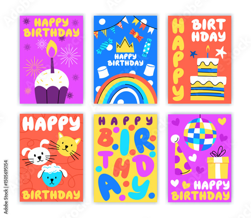 Happy birthday, invitation card. Poster vintage 90s party. Cake, gift holiday. Greeting cool colorful congratulation. Celebration fun label. Childish design with animals, vector cartoon garish design