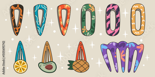 Hairpin for girl. Hair accessories. Icon doodle. Hairstyle from hairdresser. Beautiful childish fashion. Woman tidy decoration. Flowers and fruits. Plastic comb. Vector design hairdressing clips set