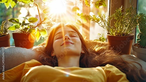 Serene woman napping peacefully in sunlit room amidst potted plants