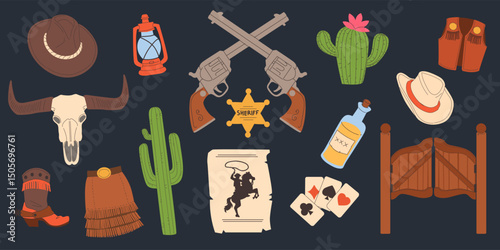 Wild West design. Cartoon cowboy in Texas country. America desert. Western concept with retro cute cactus. Boots and hat. Sheriff revolver. Saloon door. Arizona ranch. Vector old Mexico elements set