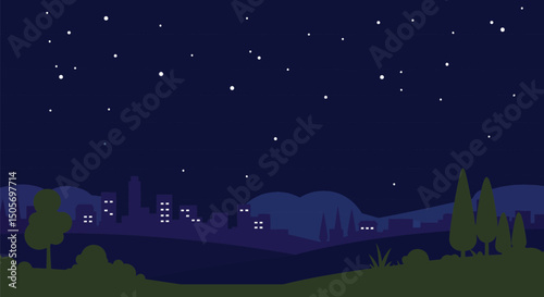 Flat vector illustration of a peaceful night scene, dark blue sky with stars, minimal city buildings.