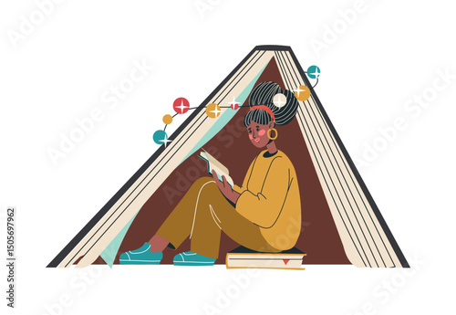 Person reading book. Cartoon bookworm. Big textbook tent. Reader enjoying of novel. Happy people hobbies. Fictional literature. Knowledge study. Young woman leisure. Storybook wisdom. Vector concept