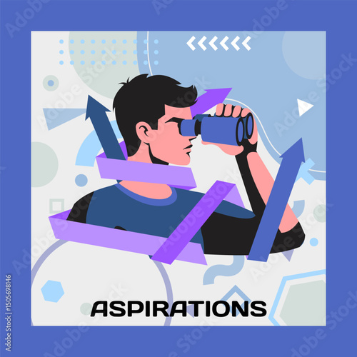 Decision searching. Man looking through binoculars. Aspiration arrows. Choice dilemma. Businessman finding man. Goals choose. Business staff. Paths option selection. Mind motivation. Vector concept