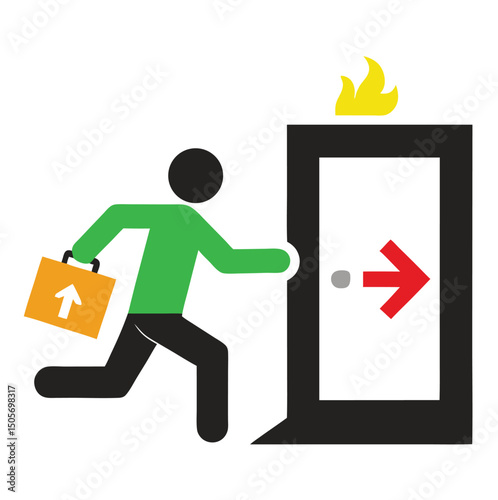 Silhouette of a person with a briefcase running toward an EXIT door. Bold text and arrow convey urgency. Ideal for alerts, warning signs, emergency signage, safety posters, or editorial use.