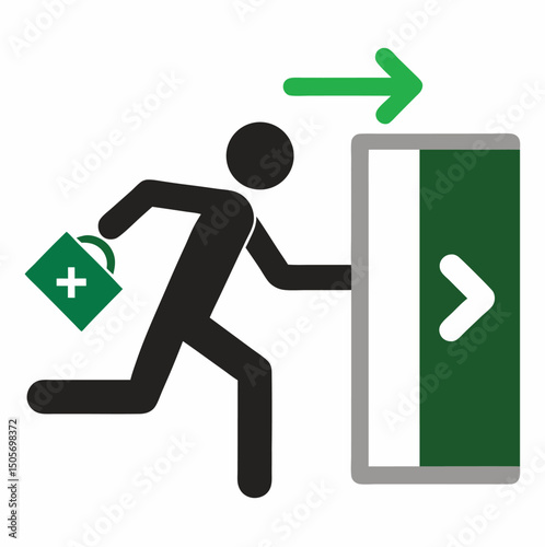 Silhouette of a person with a briefcase running toward an EXIT door. Bold text and arrow convey urgency. Ideal for alerts, warning signs, emergency signage, safety posters, or editorial use.