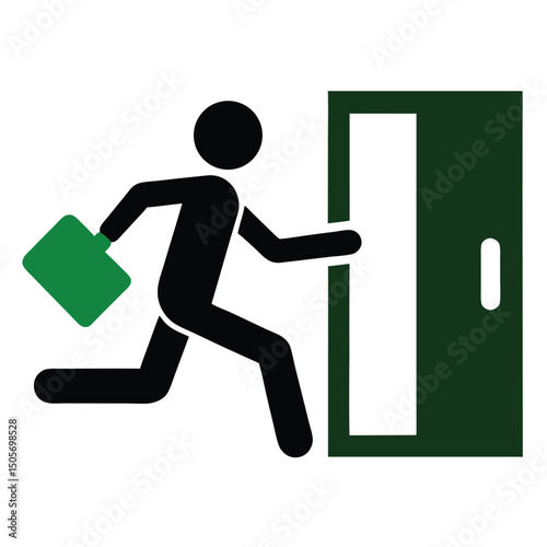 Silhouette of a person with a briefcase running toward an EXIT door. Bold text and arrow convey urgency. Ideal for alerts, warning signs, emergency signage, safety posters, or editorial use.