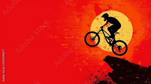 Silhouette of Mountain Biker Jumping Against Vibrant Sunset Background